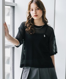 U.S. POLO ASSN. ユーエスポロアッスン W's ワンポイントロゴ刺繍透かし編み半端袖プルオーバーニット