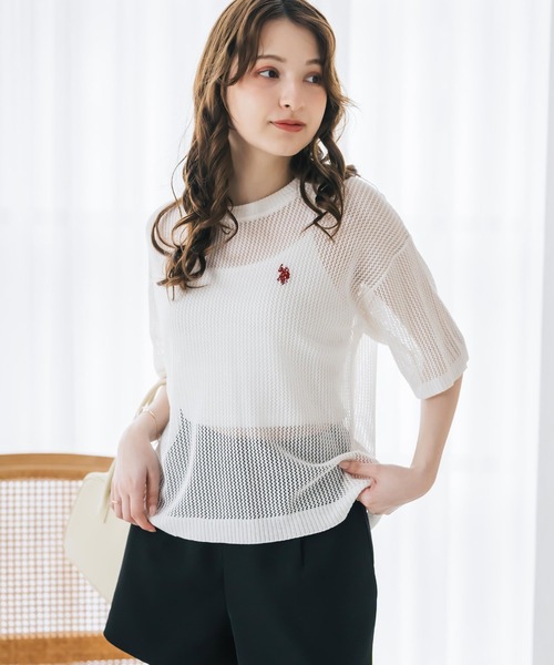 U.S. POLO ASSN.(ユーエスポロアッスン)の「U.S. POLO ASSN. ユーエスポロアッスン W's ワンポイントロゴ刺繍透かし編み半端袖プルオーバーニット(ニット/セーター・レディース・オフホワイト/ブラウン/ピンク/ブラック・M/L)」の12枚目の写真
