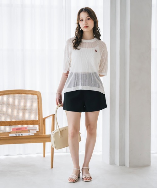 U.S. POLO ASSN.(ユーエスポロアッスン)の「U.S. POLO ASSN. ユーエスポロアッスン W's ワンポイントロゴ刺繍透かし編み半端袖プルオーバーニット(ニット/セーター・レディース・オフホワイト/ブラウン/ピンク/ブラック・M/L)」の9枚目の写真