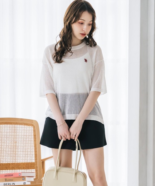 U.S. POLO ASSN.(ユーエスポロアッスン)の「U.S. POLO ASSN. ユーエスポロアッスン W's ワンポイントロゴ刺繍透かし編み半端袖プルオーバーニット(ニット/セーター・レディース・オフホワイト/ブラウン/ピンク/ブラック・M/L)」の7枚目の写真