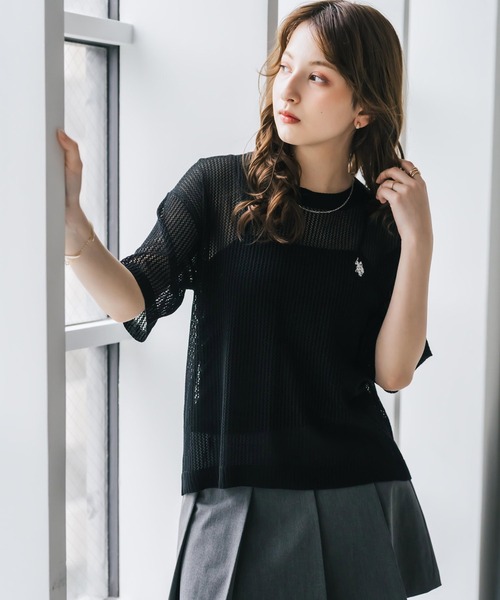 U.S. POLO ASSN.(ユーエスポロアッスン)の「U.S. POLO ASSN. ユーエスポロアッスン W's ワンポイントロゴ刺繍透かし編み半端袖プルオーバーニット(ニット/セーター・レディース・オフホワイト/ブラウン/ピンク/ブラック・M/L)」の6枚目の写真