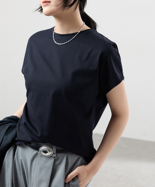 ATON (エイトン) ☆☆ ② SSカットソー レディース ネイビー 01 ATON/エイトン SUVIN 60/2 CAP SLEEVE Tシャツ（Tシャツ/カットソー