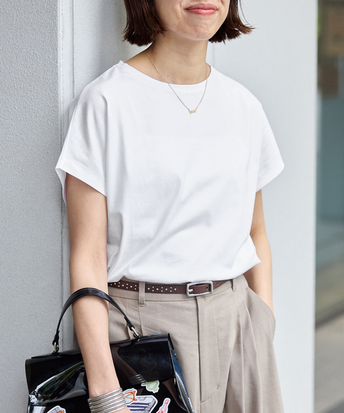 IENA（イエナ）の「ATON/エイトン SUVIN 60/2 CAP SLEEVE Tシャツ（Tシャツ/カットソー・レディース・ブラック系その他/チャコールグレー/ホワイト/ネイビー・FREE）」の2枚目の写真
