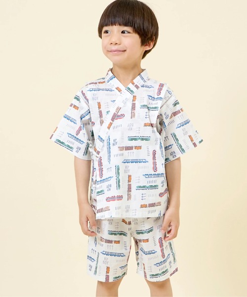 KP DECO（ケーピーデコ）の「電車柄 甚平（浴衣・キッズ・キナリ/ネイビー・90cm/110cm/100cm）」の2枚目の写真