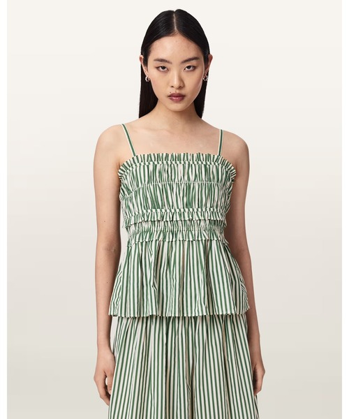 ALLSAINTS(オールセインツ)の「KALI STRIPED COTTON CAMI TOP | KALI ストライプ コットン キャミ トップ(キャミソール・レディース・ホワイト×グリーン・6/8/4)」の1枚目の写真