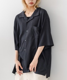 【BLUE STANDARD/ブルースタンダード】【上品な抜け感】ニットジャガード 透かし編みシャツ オープンカラー 波柄 涼しい 通気性 羽織り きれいめ 韓国ファッション