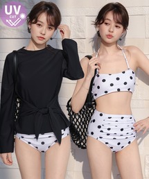 TeddyShop | 【UVカット率99.9%以上/大きいサイズ有/結べるリボン2way】長袖ラッシュガードトップス+ホルターネックビキニ 上下3点セット レディース水着(水着)