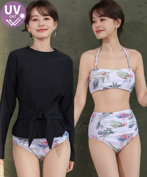 TeddyShop(テディショップ)の「【UVカット率99.9%以上/大きいサイズ有/結べるリボン2way】長袖ラッシュガードトップス+ホルターネックビキニ 上下3点セット レディース水着(水着・レディース・ブラック系その他/ブラック×レッド/ブラック×ホワイト/ブルー系その他・LL/L/M/S)」の2枚目の写真