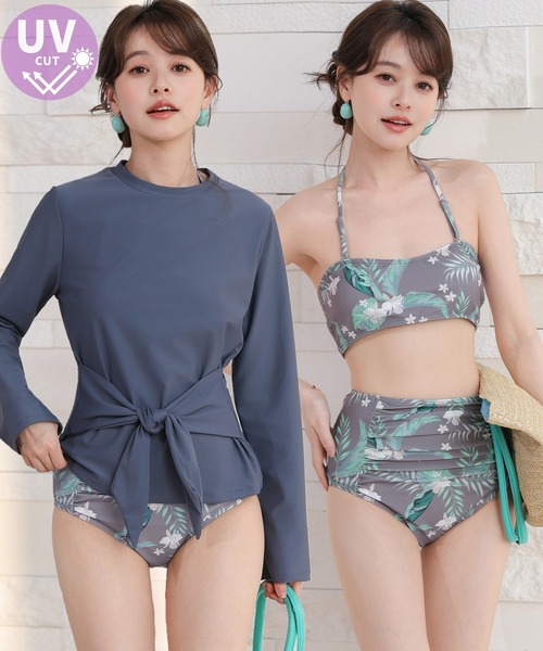TeddyShop(テディショップ)の「【UVカット率99.9%以上/大きいサイズ有/結べるリボン2way】長袖ラッシュガードトップス+ホルターネックビキニ 上下3点セット レディース水着(水着・レディース・ブラック系その他/ブラック×レッド/ブラック×ホワイト/ブルー系その他・LL/L/M/S)」の4枚目の写真