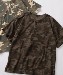 【82】カモフラ柄 クロスワンポイント ワッフル ヘンリーネック Tシャツ/メンズ/レディース/ユニセックス
