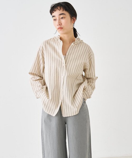 collex（コレックス）の「麻混 フリルストライプシャツ（シャツ/ブラウス・レディース・ストライプ・フリー）」の2枚目の写真