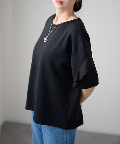 DAYRA(デイラ)の「ラッフルスリーブ ドロップショルダー 半袖 クルーネック トップス(Tシャツ/カットソー・レディース・ホワイト/ダークグレー/ネイビー/ブラック・FREE)」の1枚目の写真