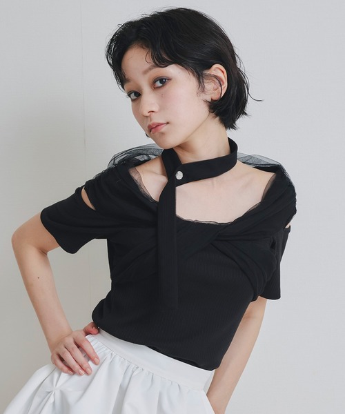 REDYAZEL(レディアゼル)の「チョーカークロスハーフスリーブニットトップス(ニット/セーター・レディース・ホワイト/ミント/ブラック・FREE)」の1枚目の写真