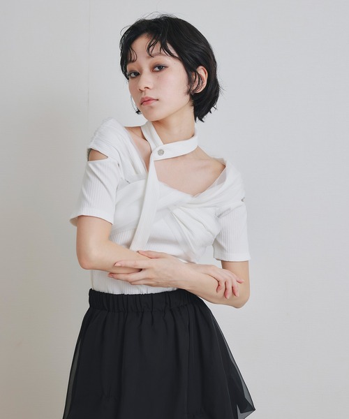 REDYAZEL(レディアゼル)の「チョーカークロスハーフスリーブニットトップス(ニット/セーター・レディース・ホワイト/ミント/ブラック・FREE)」の19枚目の写真
