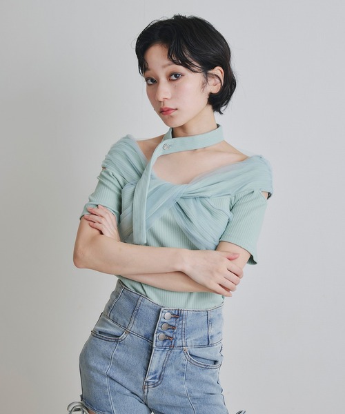 REDYAZEL(レディアゼル)の「チョーカークロスハーフスリーブニットトップス(ニット/セーター・レディース・ホワイト/ミント/ブラック・FREE)」の9枚目の写真