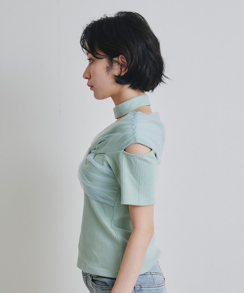 REDYAZEL(レディアゼル)の「チョーカークロスハーフスリーブニットトップス(ニット/セーター・レディース・ホワイト/ミント/ブラック・FREE)」の12枚目の写真