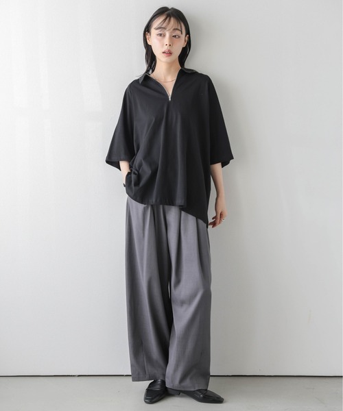 La-gemme(ラジェム)の「襟付き ハーフジップトップス(Tシャツ/カットソー・レディース・ベージュ/グレー/ブラック・フリー)」の5枚目の写真