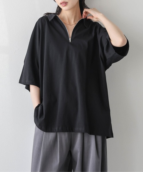 La-gemme(ラジェム)の「襟付き ハーフジップトップス(Tシャツ/カットソー・レディース・ベージュ/グレー/ブラック・フリー)」の6枚目の写真