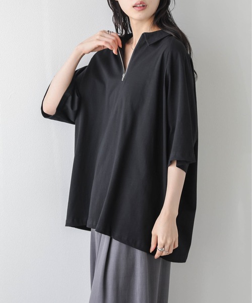 La-gemme(ラジェム)の「襟付き ハーフジップトップス(Tシャツ/カットソー・レディース・ベージュ/グレー/ブラック・フリー)」の7枚目の写真
