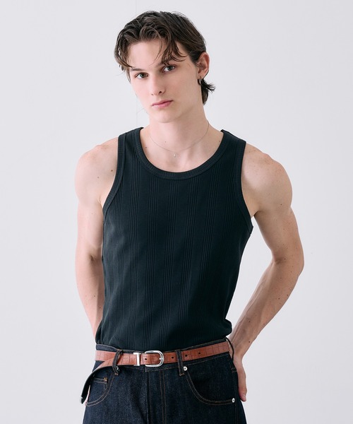 Adoon plain（アドーンプレーン）の「Random Rib Tank Top / ランダムリブタンクトップ（タンクトップ・メンズ・ホワイト/ブラック・MEDIUM/LARGE）」の2枚目の写真