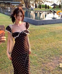 レトロ ドット柄 レーストリム フリル スクエアネック ワンピース