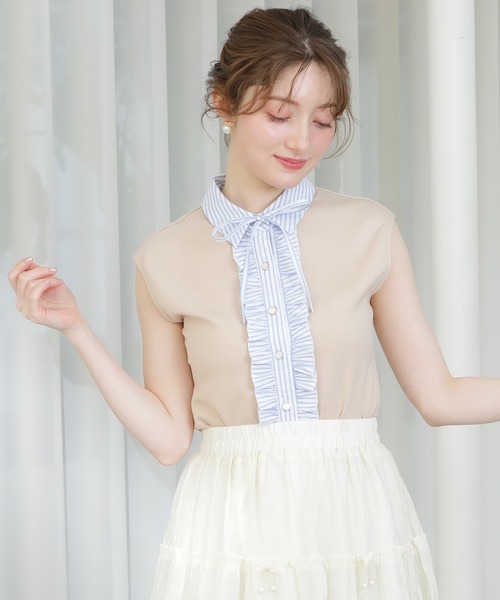 ASTORIA ODIER(アストリアオディール)の「異素材フリルカットソー(Tシャツ/カットソー・レディース・ネイビー/ブラック/ピンク/ベージュ・MEDIUM)」の2枚目の写真