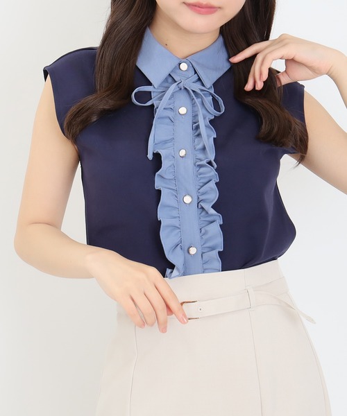 ASTORIA ODIER(アストリアオディール)の「異素材フリルカットソー(Tシャツ/カットソー・レディース・ネイビー/ブラック/ピンク/ベージュ・MEDIUM)」の3枚目の写真