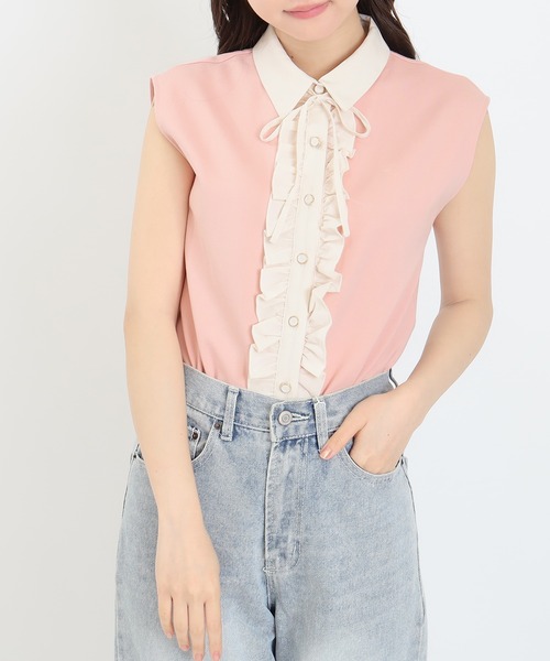 ASTORIA ODIER(アストリアオディール)の「異素材フリルカットソー(Tシャツ/カットソー・レディース・ネイビー/ブラック/ピンク/ベージュ・MEDIUM)」の4枚目の写真