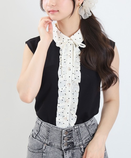 ASTORIA ODIER(アストリアオディール)の「異素材フリルカットソー(Tシャツ/カットソー・レディース・ネイビー/ブラック/ピンク/ベージュ・MEDIUM)」の1枚目の写真