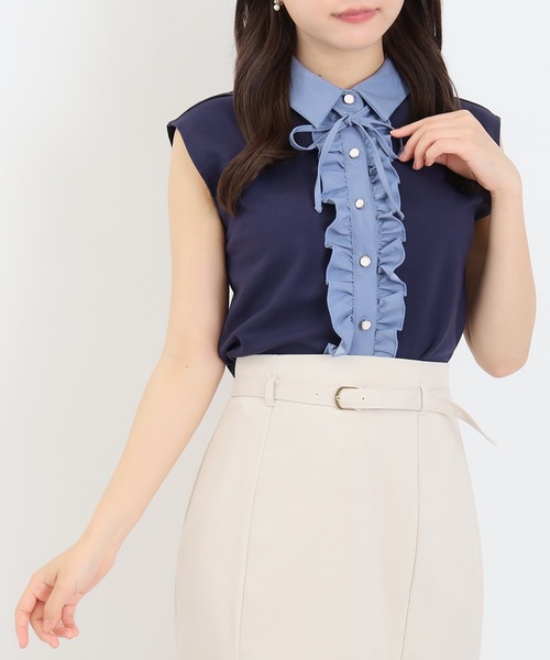 ASTORIA ODIER(アストリアオディール)の「異素材フリルカットソー(Tシャツ/カットソー・レディース・ネイビー/ブラック/ピンク/ベージュ・MEDIUM)」の11枚目の写真