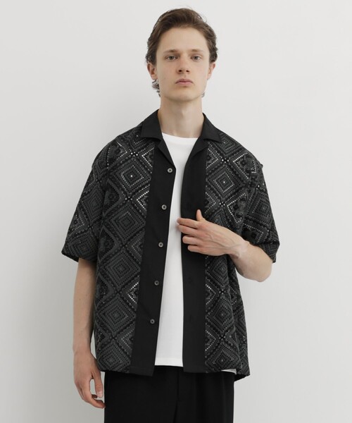 UNITED TOKYO(ユナイテッドトウキョウ)の「【MADE IN JAPAN】クロシェレース オープンカラーシャツ |通気性/透かし/真夏/夏服/2WAY/希少な編み機(シャツ/ブラウス・メンズ・オフホワイト/ブラック・2/1)」の6枚目の写真