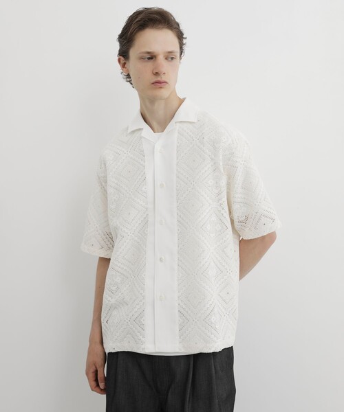 UNITED TOKYO(ユナイテッドトウキョウ)の「【MADE IN JAPAN】クロシェレース オープンカラーシャツ |通気性/透かし/真夏/夏服/2WAY/希少な編み機(シャツ/ブラウス・メンズ・オフホワイト/ブラック・2/1)」の15枚目の写真
