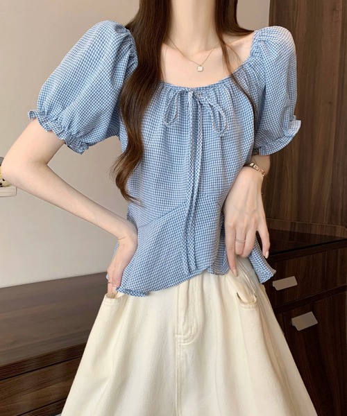 Girly Doll(ガーリードール)の「ギンガムチェックパフスリペプラムブラウス(シャツ/ブラウス・レディース・ベージュ/ブラック/ブルー/レッド・FREE)」の18枚目の写真
