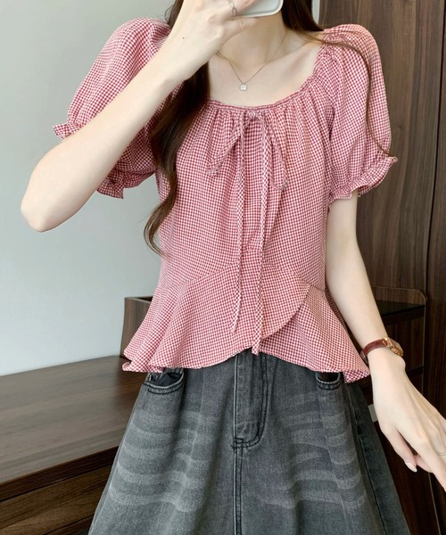 Girly Doll(ガーリードール)の「ギンガムチェックパフスリペプラムブラウス(シャツ/ブラウス・レディース・ベージュ/ブラック/ブルー/レッド・FREE)」の11枚目の写真