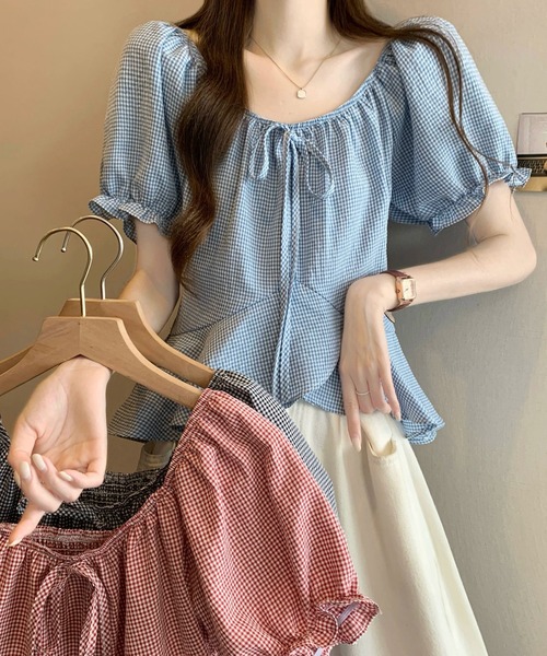 Girly Doll(ガーリードール)の「ギンガムチェックパフスリペプラムブラウス(シャツ/ブラウス・レディース・ベージュ/ブラック/ブルー/レッド・FREE)」の12枚目の写真