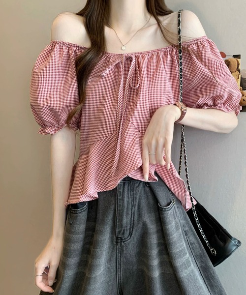 Girly Doll(ガーリードール)の「ギンガムチェックパフスリペプラムブラウス(シャツ/ブラウス・レディース・ベージュ/ブラック/ブルー/レッド・FREE)」の9枚目の写真