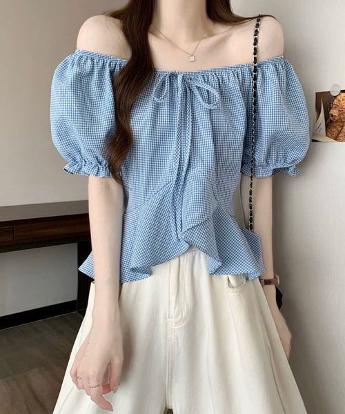 Girly Doll(ガーリードール)の「ギンガムチェックパフスリペプラムブラウス(シャツ/ブラウス・レディース・ベージュ/ブラック/ブルー/レッド・FREE)」の13枚目の写真