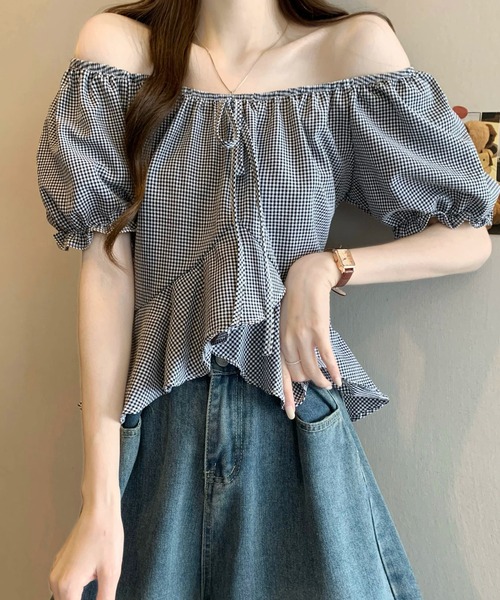 Girly Doll(ガーリードール)の「ギンガムチェックパフスリペプラムブラウス(シャツ/ブラウス・レディース・ベージュ/ブラック/ブルー/レッド・FREE)」の14枚目の写真