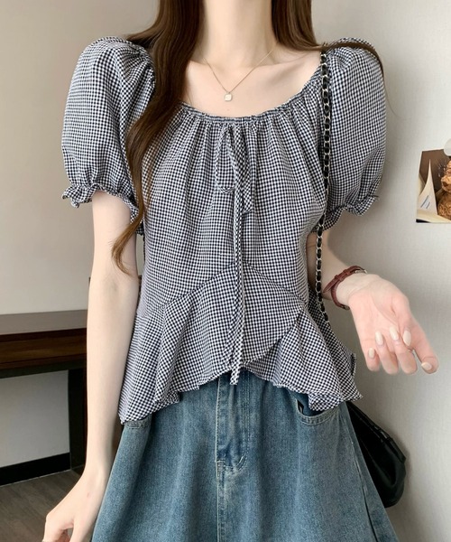 Girly Doll(ガーリードール)の「ギンガムチェックパフスリペプラムブラウス(シャツ/ブラウス・レディース・ベージュ/ブラック/ブルー/レッド・FREE)」の15枚目の写真