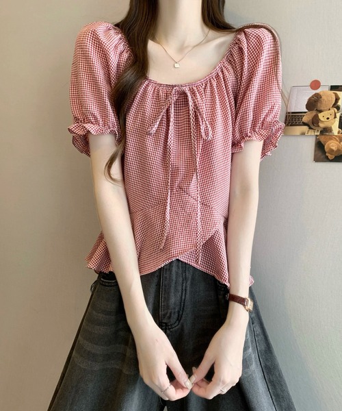 Girly Doll(ガーリードール)の「ギンガムチェックパフスリペプラムブラウス(シャツ/ブラウス・レディース・ベージュ/ブラック/ブルー/レッド・FREE)」の7枚目の写真