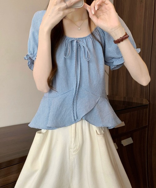 Girly Doll(ガーリードール)の「ギンガムチェックパフスリペプラムブラウス(シャツ/ブラウス・レディース・ベージュ/ブラック/ブルー/レッド・FREE)」の19枚目の写真