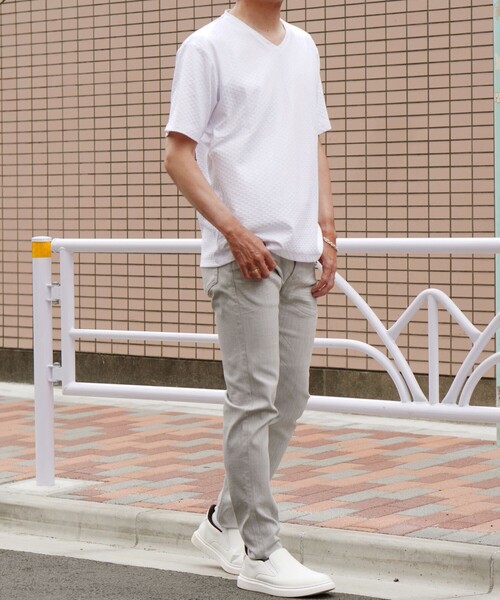 NICOLE selection(ニコルセレクション)の「ダイヤ柄リンクスジャカード半袖Vネックカットソー(Tシャツ/カットソー・メンズ・ホワイト/ライトグレー/ブラック/ブルー・L/M/XL)」の6枚目の写真
