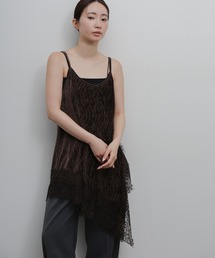 【Et】Lace-Hem Velour Crepe Asymmetry long Camisole