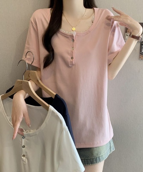 AMAJI(アマジ)の「レーストリム Uネック ヘンリーネック ルーズ 半袖Tシャツ(Tシャツ/カットソー・レディース・ホワイト/ネイビー/ライトピンク・MEDIUM/LARGE/X-LARGE)」の4枚目の写真
