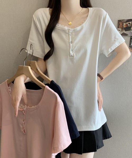 AMAJI(アマジ)の「レーストリム Uネック ヘンリーネック ルーズ 半袖Tシャツ(Tシャツ/カットソー・レディース・ホワイト/ネイビー/ライトピンク・MEDIUM/LARGE/X-LARGE)」の5枚目の写真