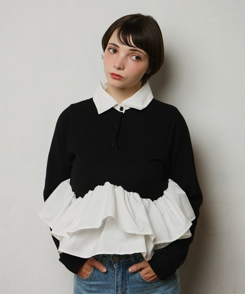 mic by Olu.（ミックバイオルドット）の「＜ ZOZOTOWN限定 ＞ペプラムポロニットトップス（ニット/セーター・レディース・ブラック/グレー・FREE）」の3枚目の写真