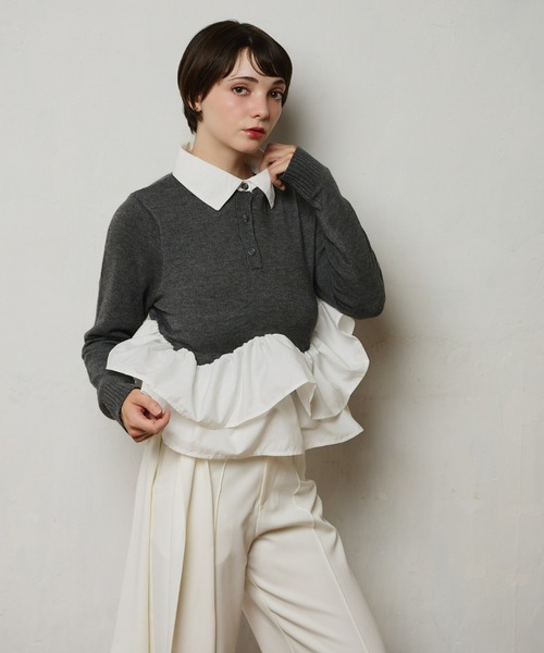 mic by Olu.（ミックバイオルドット）の「＜ ZOZOTOWN限定 ＞ペプラムポロニットトップス（ニット/セーター・レディース・ブラック/グレー・FREE）」の8枚目の写真