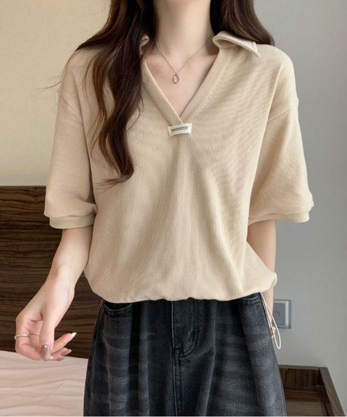 MAISON DE THERESE(メゾン ド テレーズ)の「裾紐付きポロ襟半袖 T シャツ(シャツ/ブラウス・レディース・White/Beige/Black・M)」の1枚目の写真