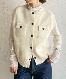 配色バイカラー 胸ポケット 前ボタンニットベスト