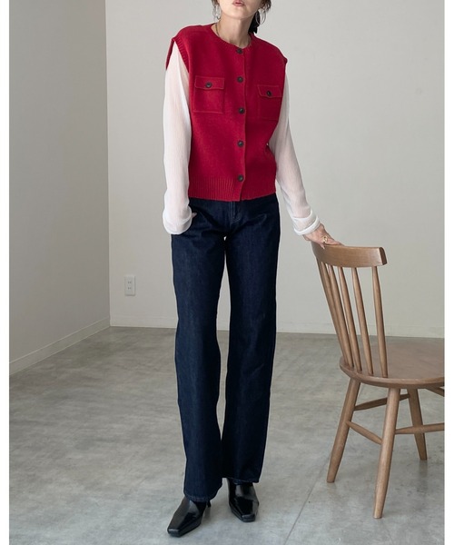 She's Closet(シーズクローゼット)の「配色バイカラー 胸ポケット 前ボタンニットベスト(ベスト・レディース・グレイッシュベージュ/杢グレー/レッド/アイボリー/ブラック・FREE)」の13枚目の写真